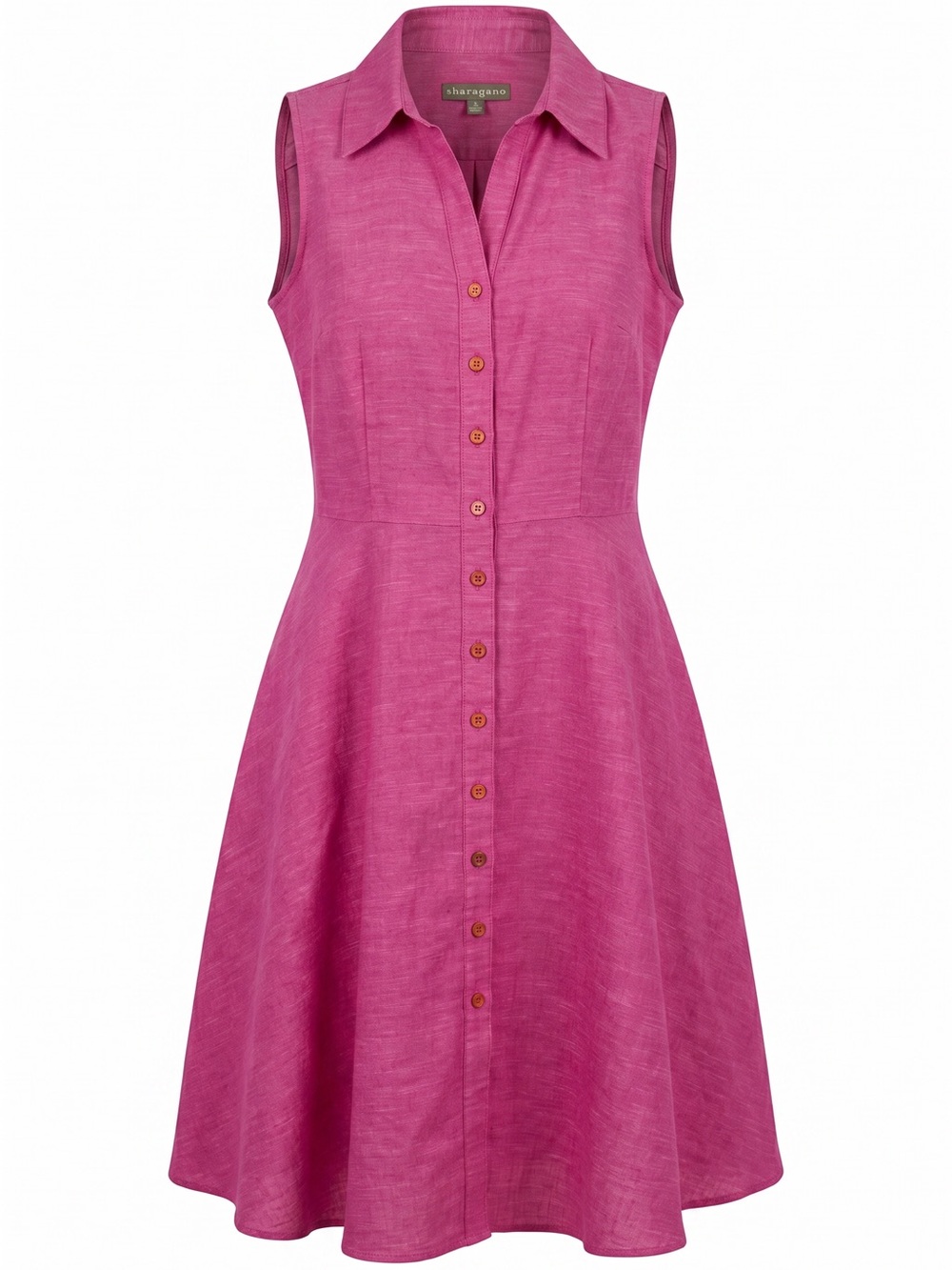 SHARAGANO Sleeveless Button-Front Pink Shirt Dress with Gold Coloured Buttons.